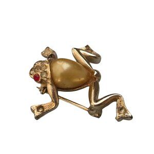 Goldtone‎ Frog Brooch With Pearl Belly & Red Rhinestone Eye
